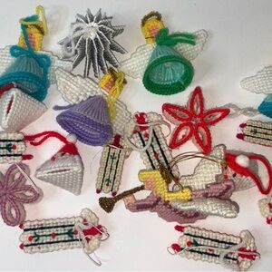 Vintage Handmade Christmas Ornaments Lot Of 11 Plastic Canvas